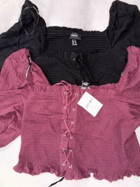 Forever 21 Lace-Up Smocked Blouse in Black and Rose